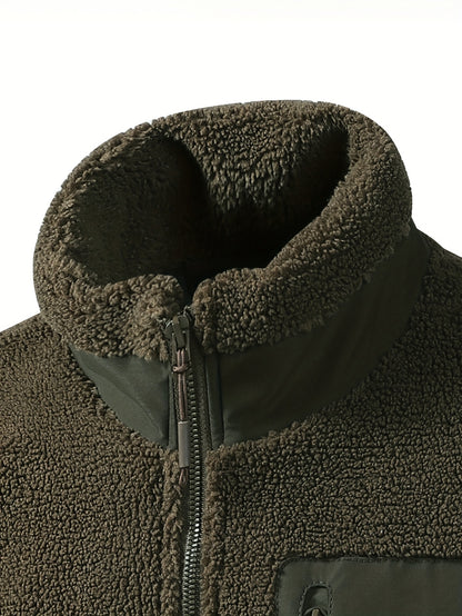 Men'S Heavyweight Fleece Jacket - Thermal Winter Coat with Stand Collar, Zipper Closure, Front Pockets - Brown/ - Cold Weather Outerwear for Everyday & Formal, Winter Jacket, Casual Outerwear, Durable Polyester, Seasonal Fash