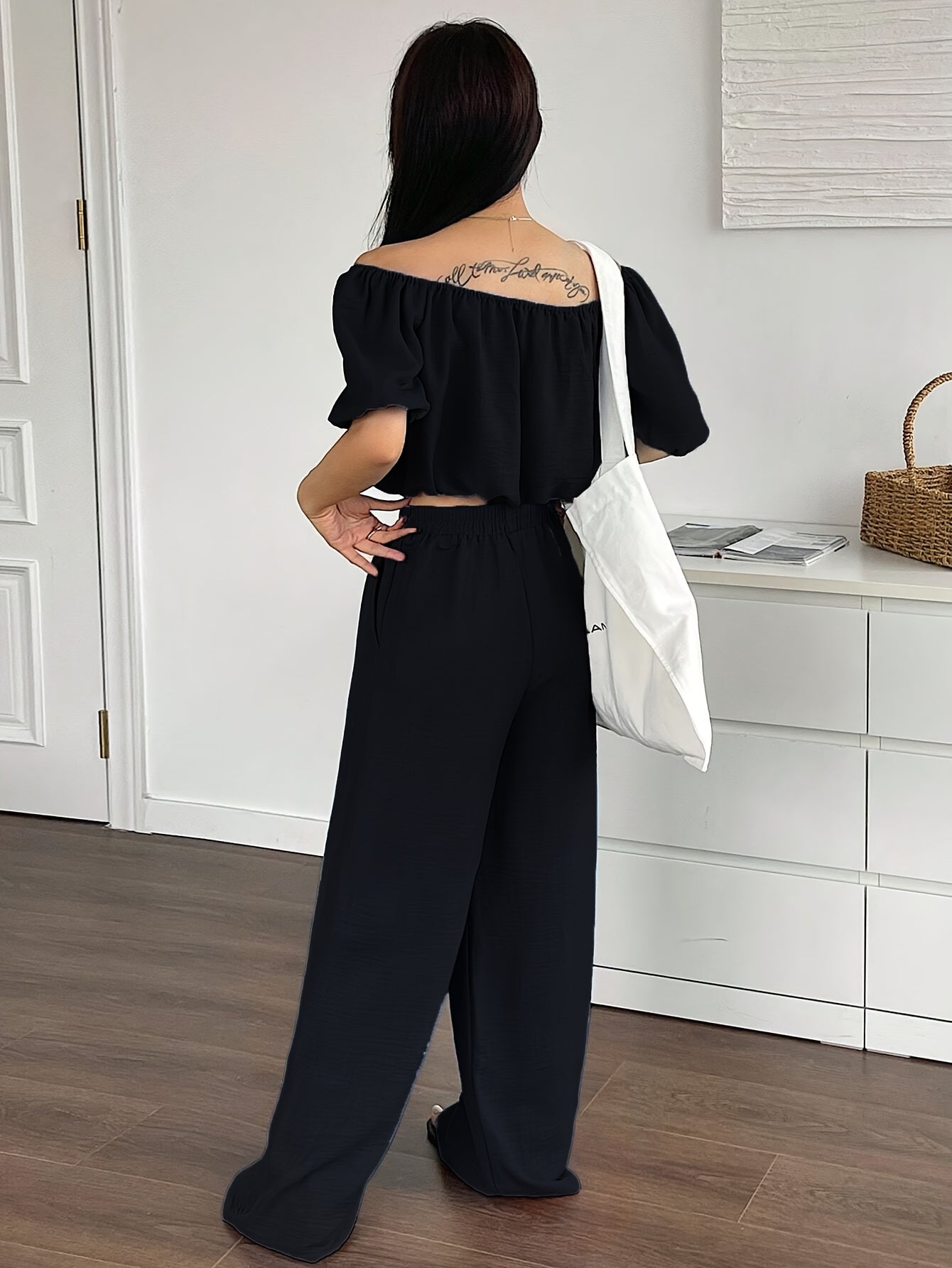 Women's Summer Solid Color Off-Shoulder Puff Sleeve Crop Top and Loose Wide-Leg Pants Two-Piece Set - ayq