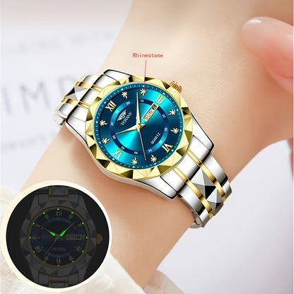 1pc Women's Stainless Steel Watch with Luminous Blue Dial, Date & Day Display, High Quality IPX7, Quartz Movement - Casual Elegant Design for Sports & Travel, Birthday Holiday Gift, Casual Attire, Secure Clasp Wristwatch