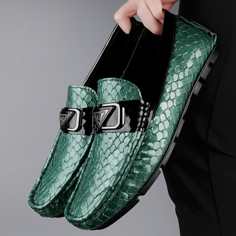 Men's Trendy Faux Snake Skin Loafers with Metal Buckle, Soft Sole