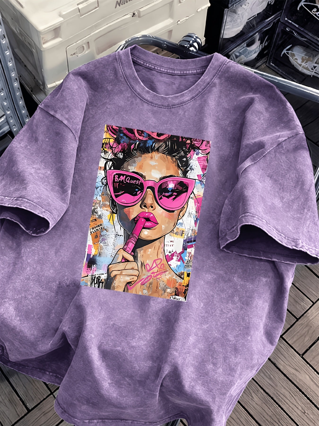 Women's Vintage Washed Cotton Blend T-Shirt with Bold Pop Art
