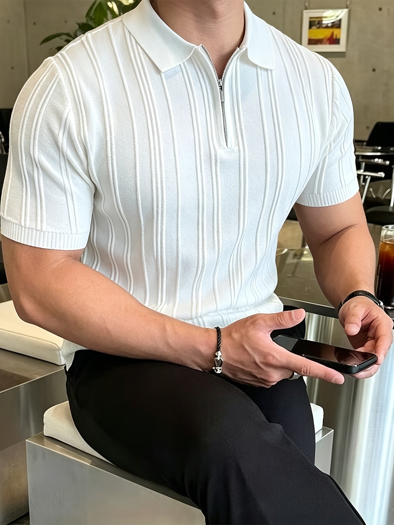 Men's Polo Shirt with Quarter Zip, Short Sleeve Summer Knit