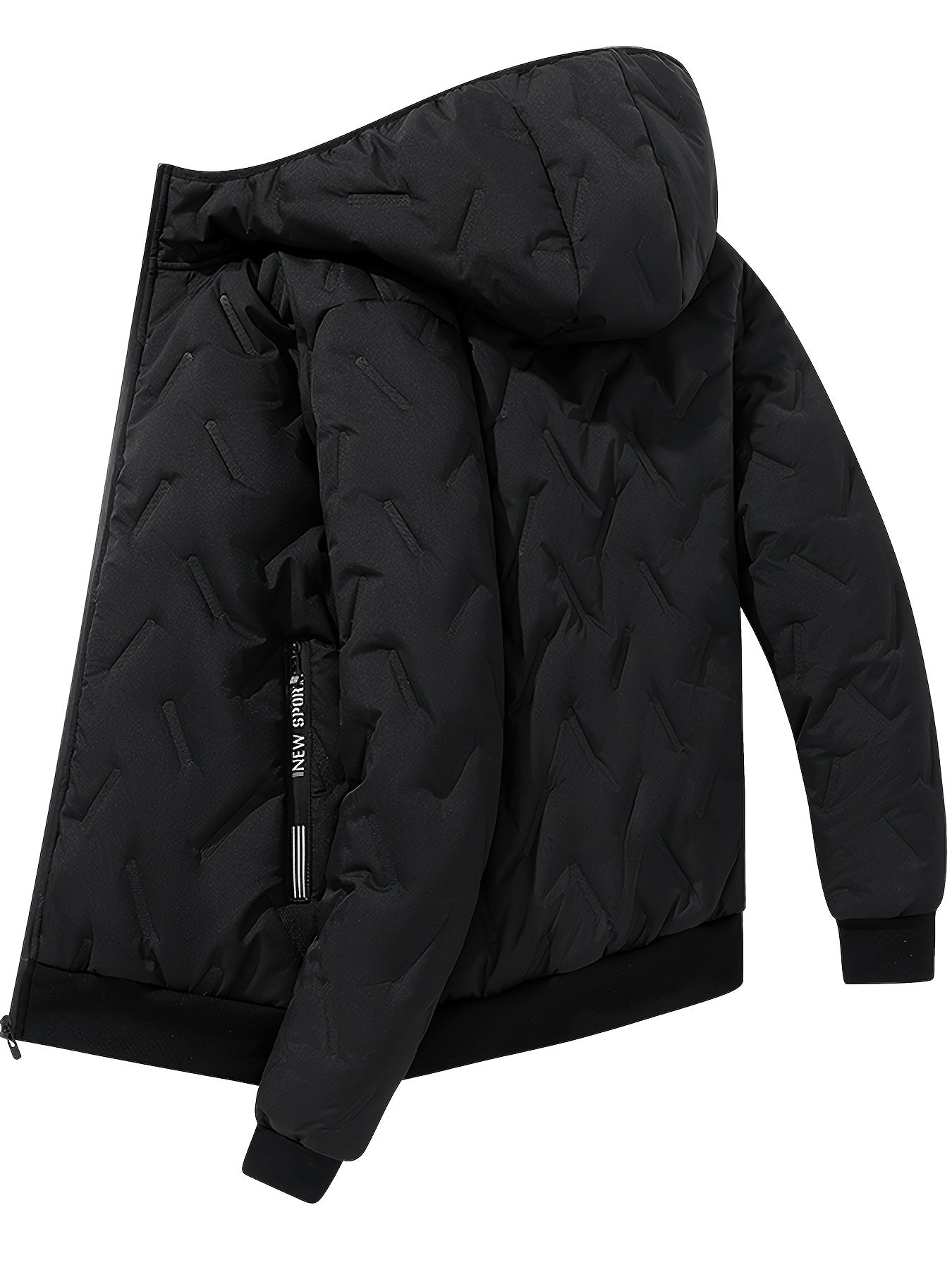Men's Casual Winter Jacket - Thick Fleece-Lined, Windproof Hooded Coat with Embossed Design, Zip-Up, Solid Color