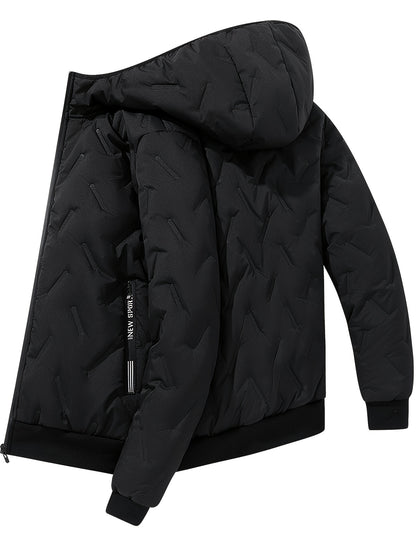 Men's Casual Winter Jacket - Thick Fleece-Lined, Windproof Hooded Coat with Embossed Design, Zip-Up, Solid Color