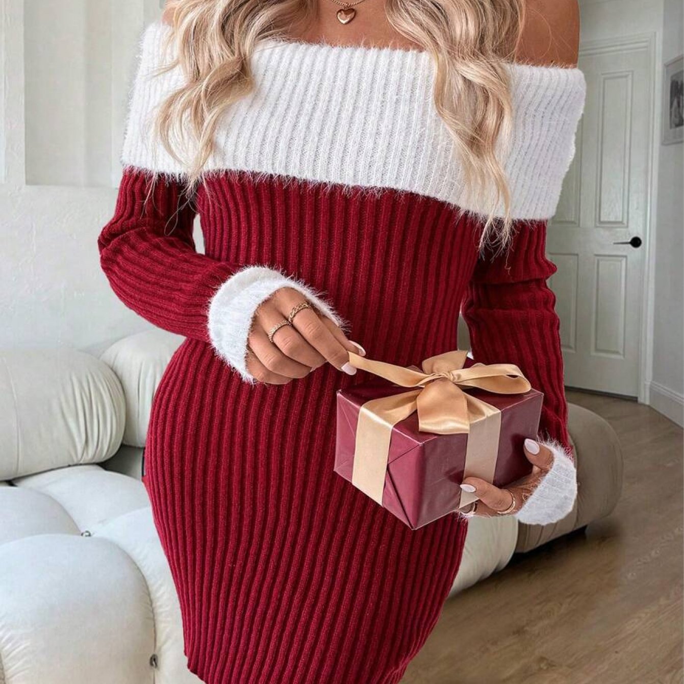 Կանացի էլեգանտ զգեստ՝ բաց ուսերով/նավակաձև դեկոլտեով, գունավոր բլոկներով կրծկալով և միագույն կտորով - Ձմեռային հարսանեկան հյուրի զգեստ, Սուրբ Ծննդյան երեկույթի զգեստ, ձեռքով լվացվող աշնանային/ձմեռային պաշտոնական հագուստ (ոչ)