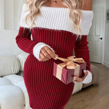 Կանացի էլեգանտ զգեստ՝ բաց ուսերով/նավակաձև դեկոլտեով, գունավոր բլոկներով կրծկալով և միագույն կտորով - Ձմեռային հարսանեկան հյուրի զգեստ, Սուրբ Ծննդյան երեկույթի զգեստ, ձեռքով լվացվող աշնանային/ձմեռային պաշտոնական հագուստ (ոչ)