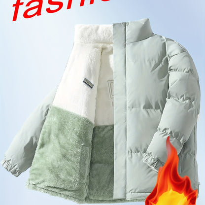 Տղամարդու երկկողմանի բրդյա ծածկույթով հաստ բաճկոն՝ առօրյա կանգնած օձիքով՝ տառերի տպագրությամբ, սովորական չափսերով, գրպաններով, պոլիեսթերային լցոնով, բազմակողմանի աշուն/ձմեռ համար, ձմեռային բաճկոն