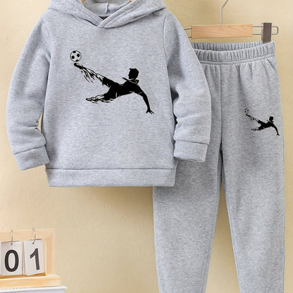 Autumn and Winter Fashion New 'asual Sporty Style Football Print Fleece-Lined Hoodie and Sweatpants Set, Suitable for Outdoor Activities, Casual Wear, Sports Apparel, Trendy Sportswear, Sporty Design, Warm Fabric, Soft Textur