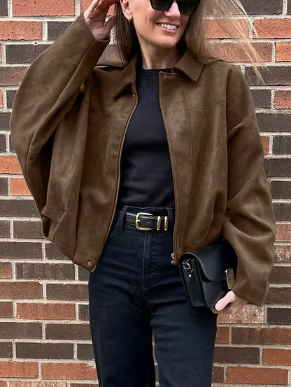 Կանացի վինտաժային բոմբեր բաճկոն - ազատ չափի երկար թևքով, կայծակաճարմանդով և իջեցված ուսերով, շագանակագույն առօրյա վերնազգեստ աշուն/ձմեռ համար, չձգվող գործվածք, իդեալական է առօրյա հագուստի համար, աշուն-ձմեռ բաճկոն | Վինտաժային բոմբեր ոճ | Zipp