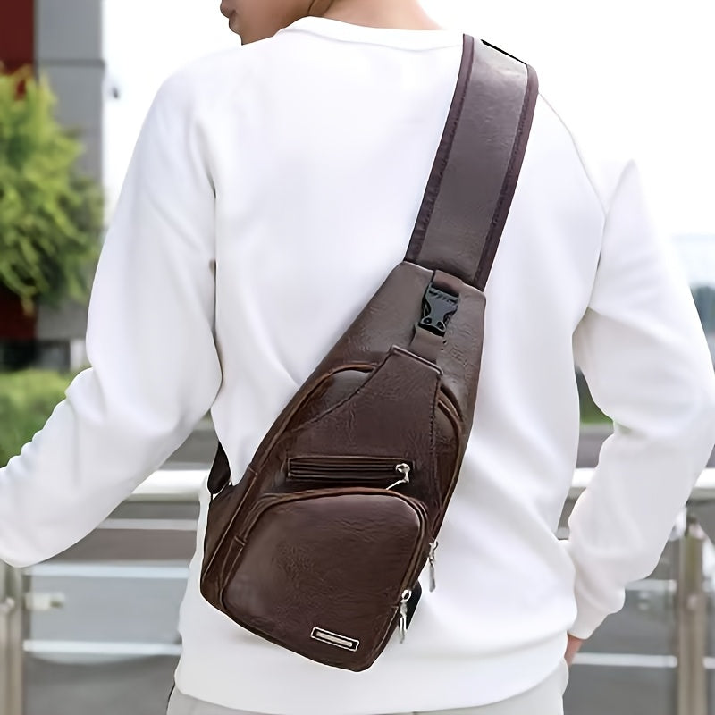 2025 New Men'S Fashion Chest Bag - Soft Faux Leather Anti-Theft Crossbody Bag with Multiple Compartments, Adjustable Strap  Zipper Closure for Gym, Travel, Casual Outings (Brown), Secure Travel Pouch, Textured Finish