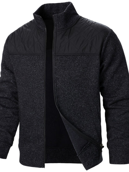 Men's Blocking Quilted Jacket For Spring And Autumn, Casual Stylish Outdoor Stand Collar Coat As Gift