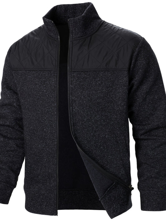 Men's Blocking Quilted Jacket For Spring And Autumn, Casual Stylish Outdoor Stand Collar Coat As Gift