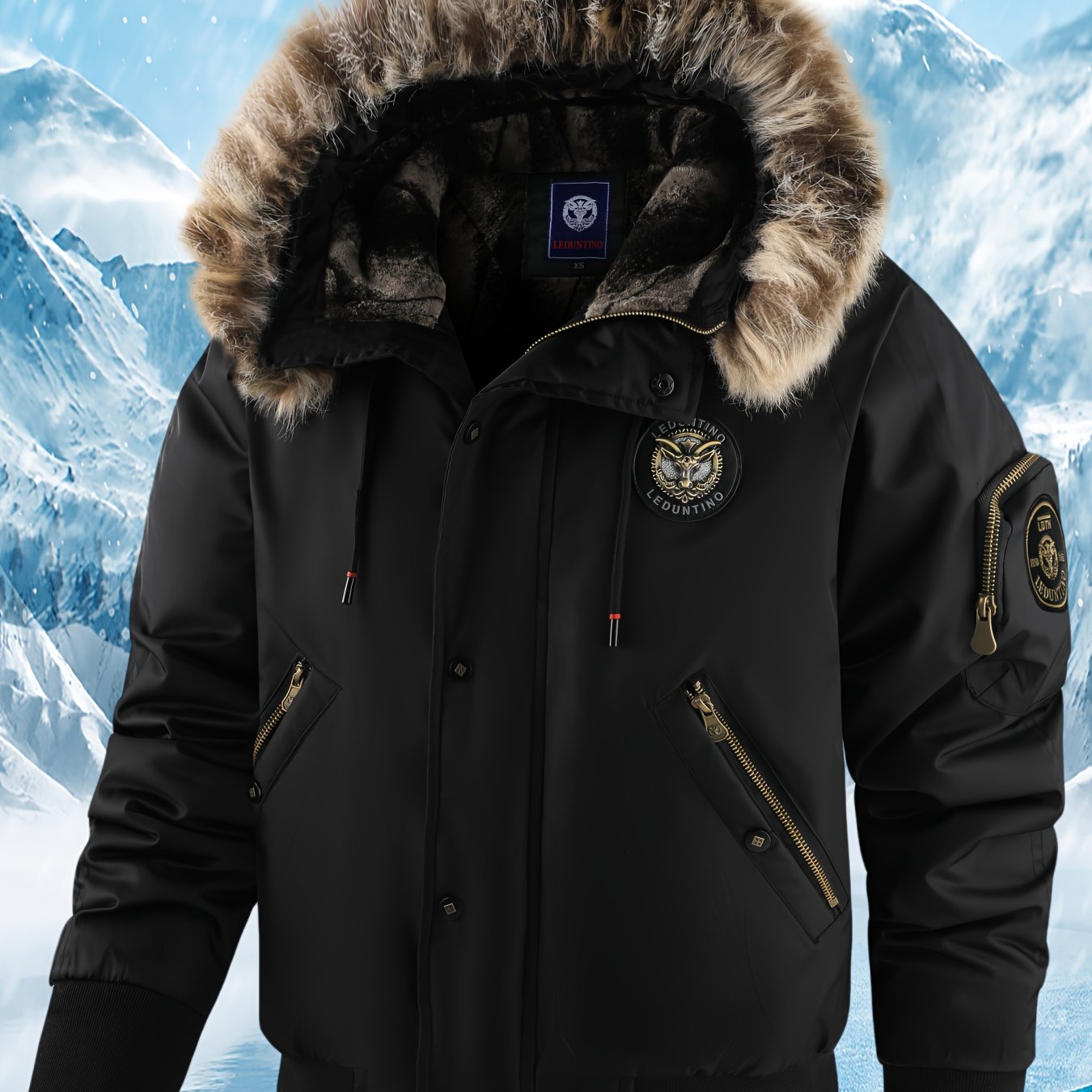 Տղամարդու ձմեռային վերարկու - նոր տաք, գլխարկով բաճկոն՝ ոսկեգույն նախշերով, ազատ չափսի, ցուրտ եղանակի համար նախատեսված ամենօրյա վերնազգեստ, լվացքի մեքենայով լվացվող, հաստ, հարմարավետ փափուկ աստառով