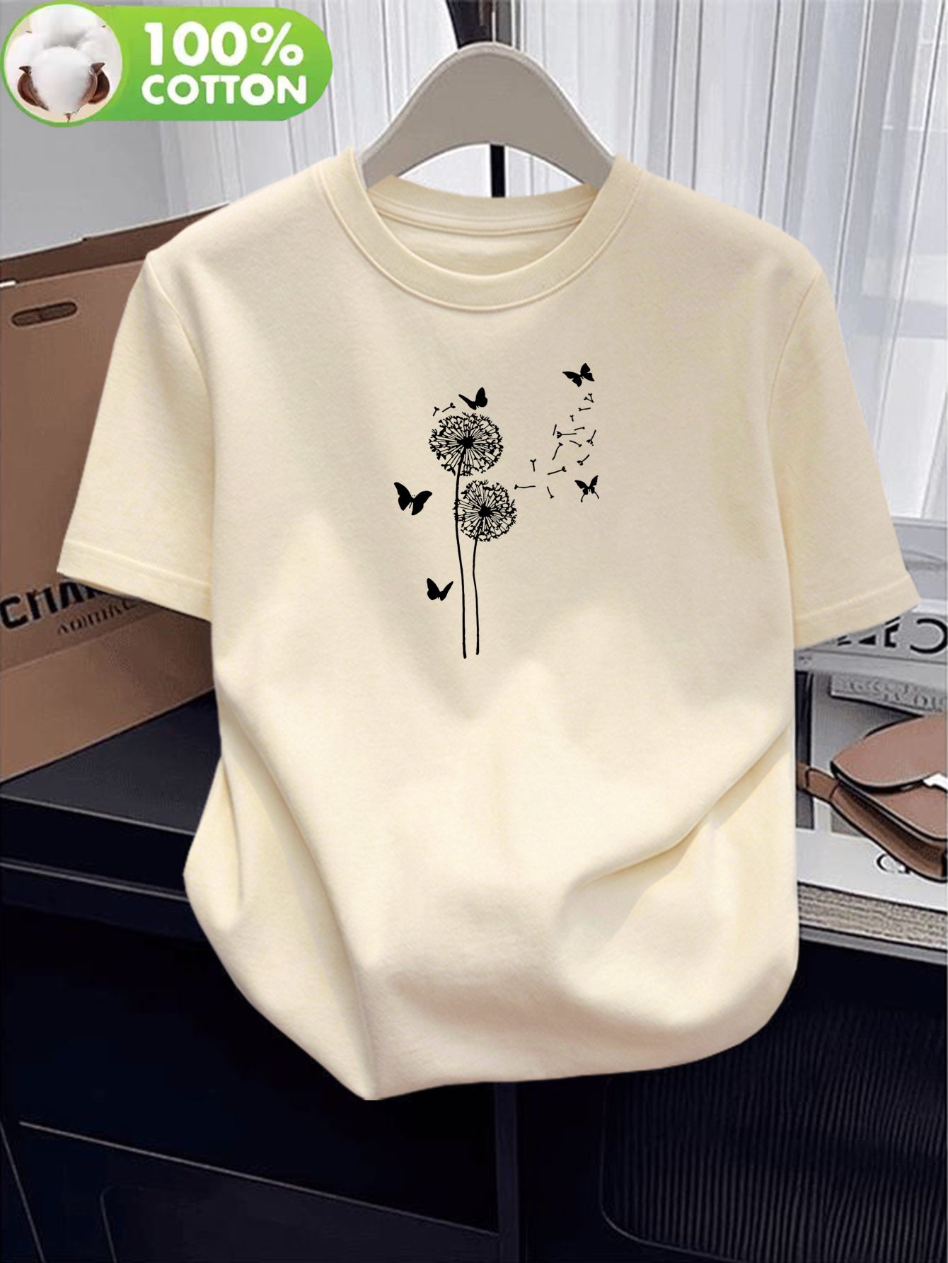 Women’s Cotton Casual T-Shirt with Dandelion & Butterfly Print