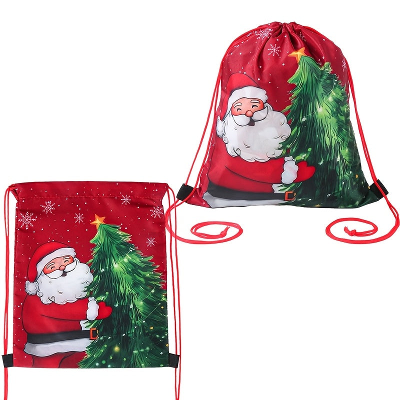 1pc Santa Claus Christmas Tree Drawstring Bag - Red & Green Holiday Gift Packaging with Santa, Snowflakes & Pine Trees, Durable Polyester Gym Bag for Christmas, New Year, Festive Design, Seasonal Decorations, Festive Occasion