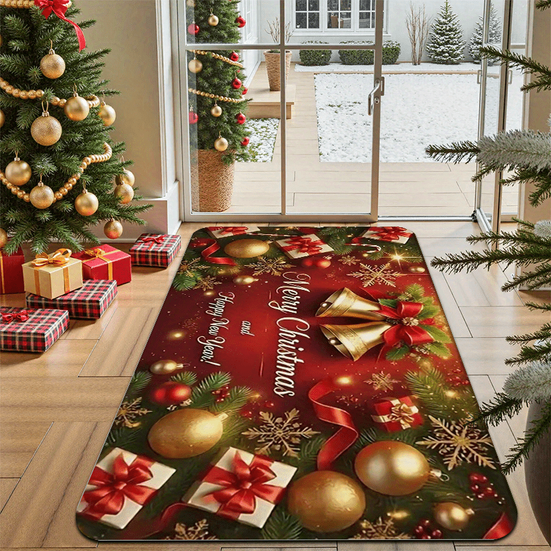 1pc Christmas & New Year Welcome Mat with Merry Christmas & Happy New Year Greeting, Red/Golden/Green Holiday Design, Non-Slip Backing, Heavy-Duty 600g/m² Polyester, Machine Washable Indoor/Outdoor Door Mat with Pine Branche