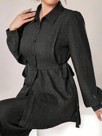 Women's Two-Piece Set with Front Buckle Long Sleeve Casual Top and Trousers
