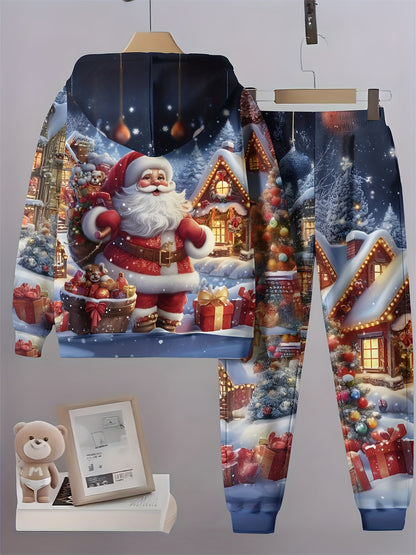 Տղաների թվային տպագրությամբ գլխարկով սվիտերի և սպորտային տաբատի հավաքածու - Սուրբ Ծննդյան գլխարկով սվիտերի և երկար տաբատի երկկտոր հավաքածու, իդեալական է բացօթյա օգտագործման համար