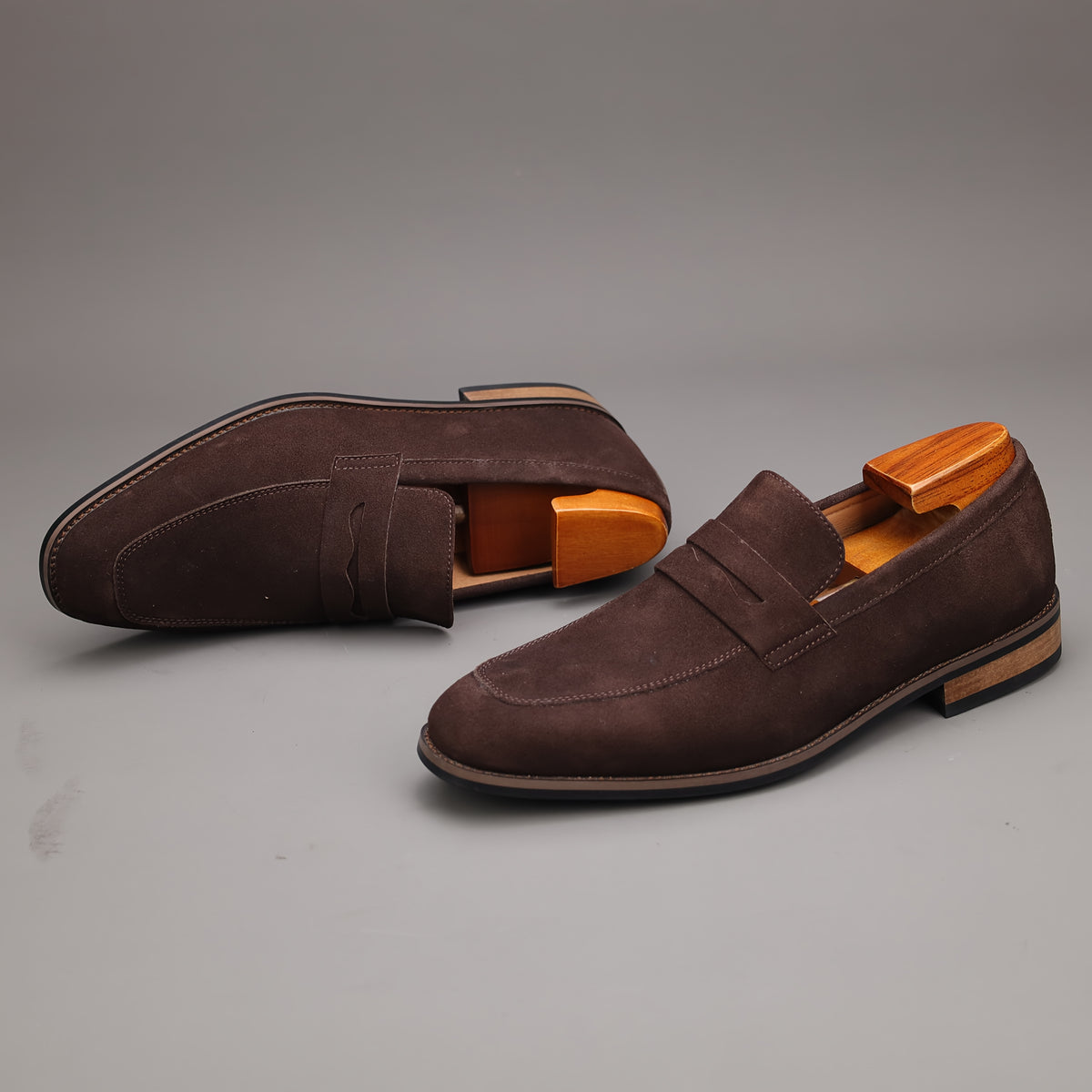 Men's Top Grain Suede Penny Loafers with Non-Slip Rubber Sole