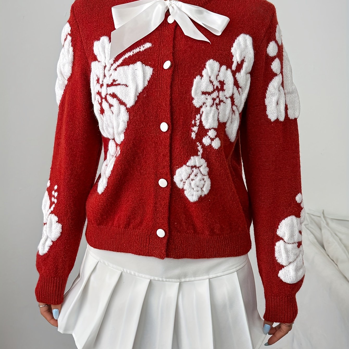 Women'S Red Sweater - Long Sleeve Button-Front Cardigan with Elegant Loose Fit, Round Neck Winter Sweater for Everyday & Formal Outfits, Non-Transparent Fall/Winter Sweater for Casual Formal Events, Winter Sweater, Seasonal F