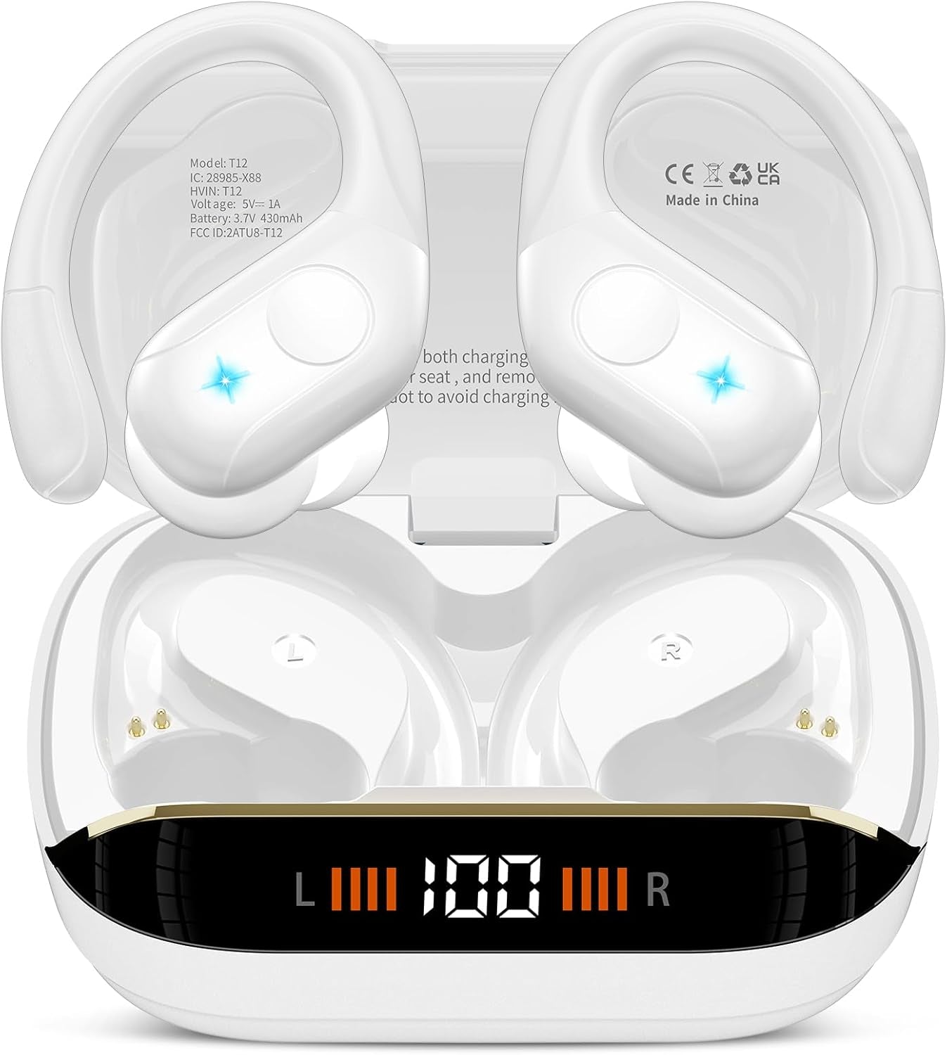 Wireless Earbuds Bluetooth 5.4 Headphones 75H Playtime Stereo Deep Bass Sports Ear Buds with Earhooks, LED Display Bluetooth Earbuds with 4 ENC Mic, IP7 Waterproof Earphone for Workout/Running, Black