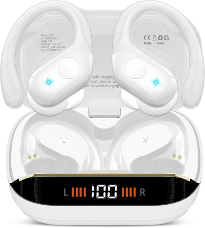 Wireless Earbuds Bluetooth 5.4 Headphones 75H Playtime Stereo Deep Bass Sports Ear Buds with Earhooks, LED Display Bluetooth Earbuds with 4 ENC Mic, IP7 Waterproof Earphone for Workout/Running, Black