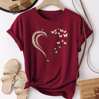 Women's Comfortable and Fashionable Round Neck Top, Casual T-shirt with Butterfly Love Print, Spring and Summer Sports, Women's Clothing