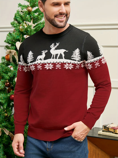Men's Red/White/Navy Blue Christmas Sweater Sweater Vest-like Long Sleeve Pullover - Reindeer & Pine Tree Pattern, H-Fit Winter Party Outfit, Machine Washable Holiday Sweater for Xmas (No Belt/Tie)