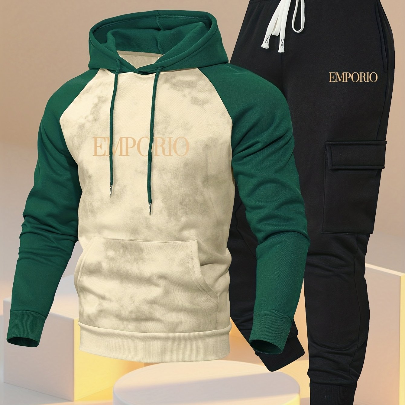 New Trendy Fashion Raglan Sleeve Colorblock Hoodie and Loose Cuffed Drawstring Cargo Pants with Multiple Pockets, Casual Daily Comfortable Versatile Breathable Hooded Sweatshirt and Loose Long Pants 2pcs Set with Stylish Prin