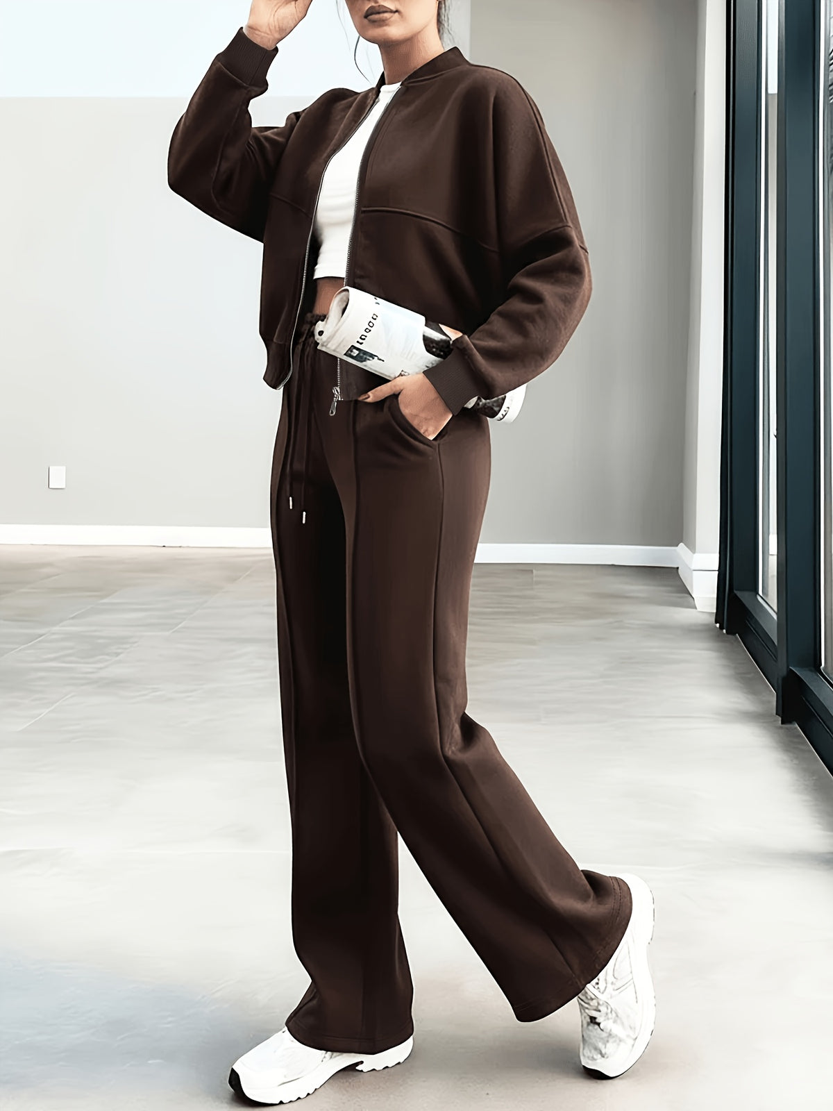 Women's Casual Long Sleeve Zipper Top & Pants Set for Fall - ayq