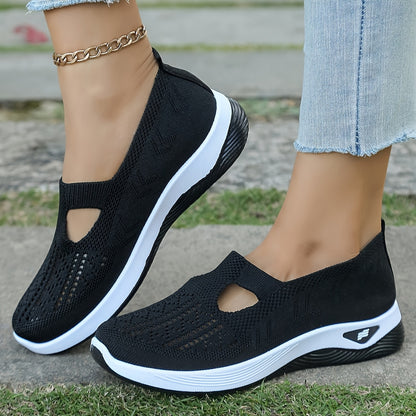 Women's Breathable Mesh Sneakers - Comfort Slip-On Walking Shoes, Soft PVC Sole, Fabric Insole & Lining, Stability Support for Spring/Summer Outdoor Casual Wear, Spring Summer Footwear|Cut-Out Patterns|Fabric Upper Shoes