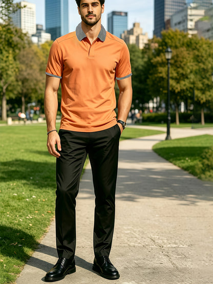 Men's Summer Plaid Collar Polo & Black Pants Casual Set