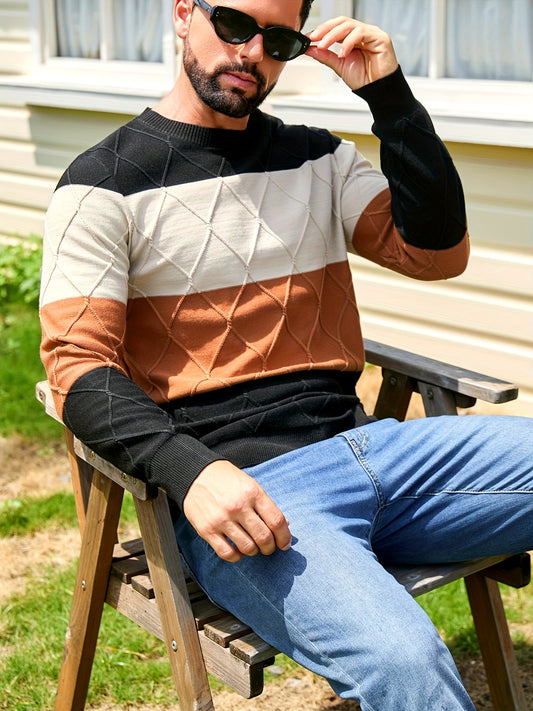 Տղամարդու կլոր վզնոցով աշուն/ձմեռ սվիտեր՝ վինտաժային, լարով, ռոմբուսային նախշերով, կոճակներով, հակապատկեր գույների սվիտերով