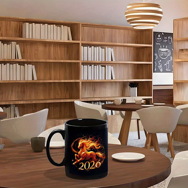 1pc 11oz Chinese New Year of the Horse 2026 Ceramic Mug - Glossy Black & Fire Horse Design Coffee Cup with Auspicious Red/ Horses, Hand Wash Only, Reusable Gift for Home, Office, Travel, Lunar New Year Celebrations