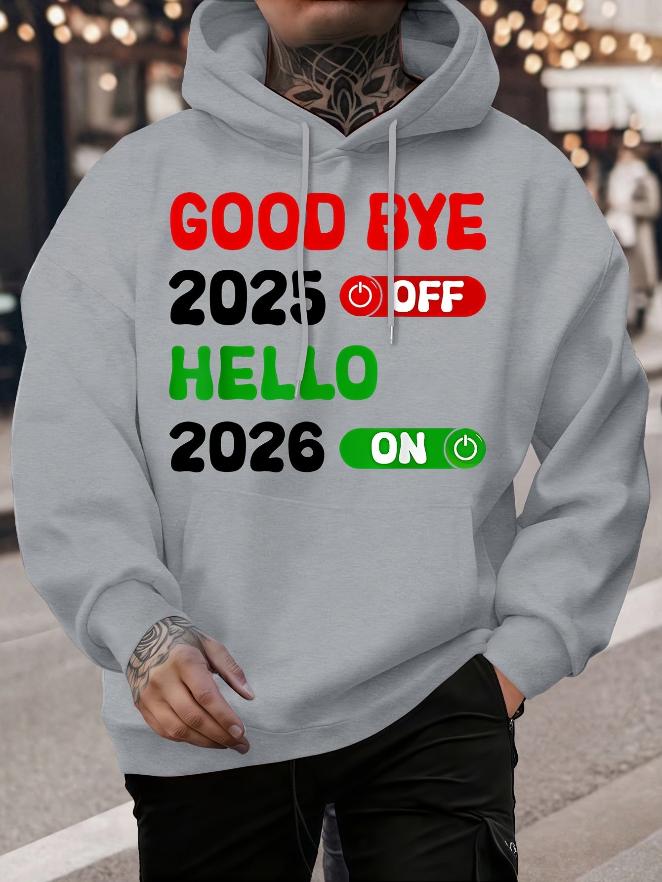 Men's 2025 New Year Print Hooded Sweatshirt - Kanji-Inspired "Goodbye 2025 2026" Pullover, Winter Warm Casual Sweater with Green/Red Toggle Switch Design, Machine Washable Red Hoodie for Christmas & NYE Parties