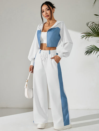 Women's Elegant Hooded Two-Piece Suit with Color Block Pants