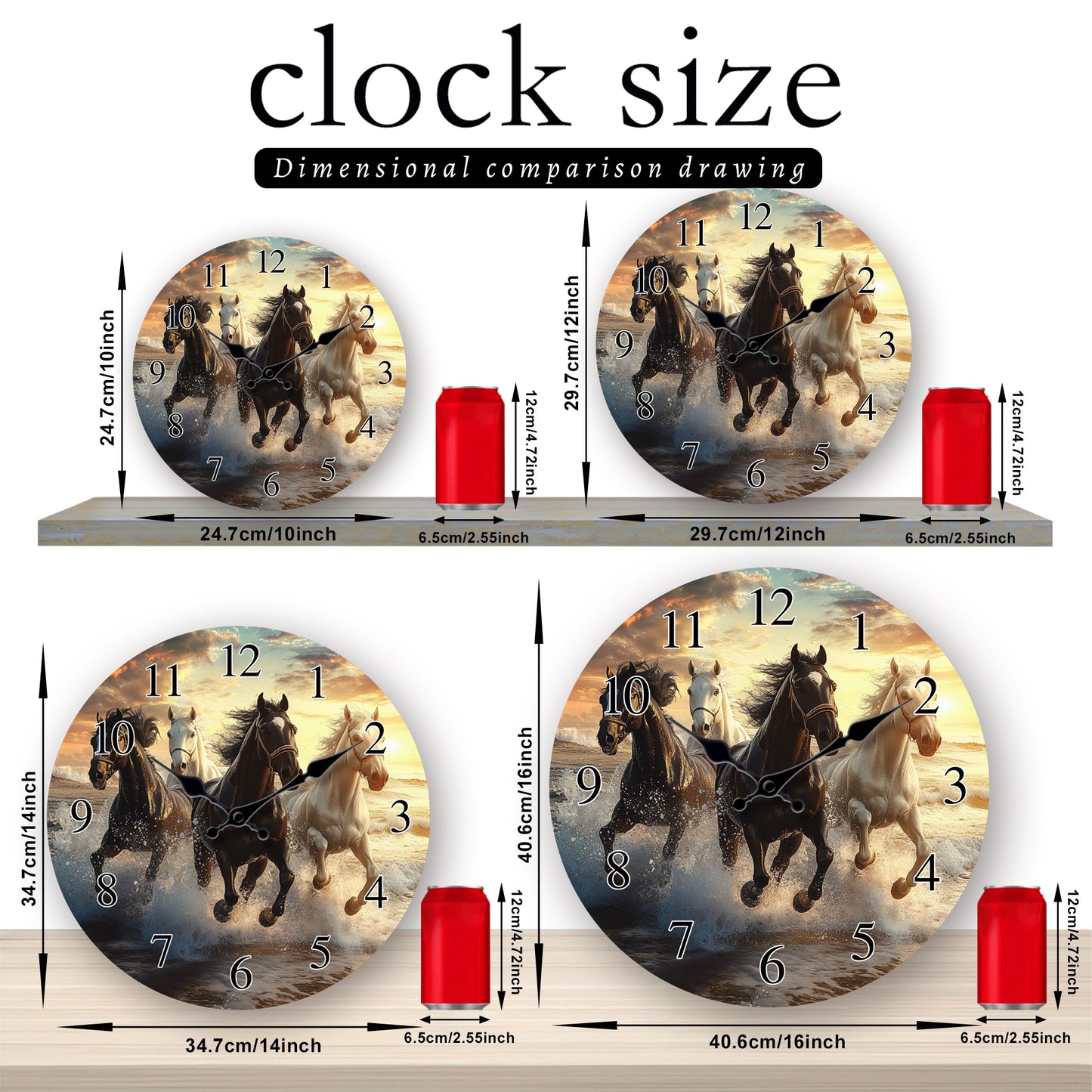 One piece, wooden wall clock with running horses pattern design, modern wall aesthetic decorative art wall clock, silent, suitable for living room, bedroom, kitchen, office decoration, home decoration, ideal Christmas, New Ye