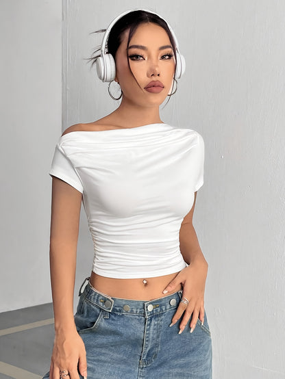 Women'S Asymmetrical Shoulder Ruffled Hem Short T-Shirt
