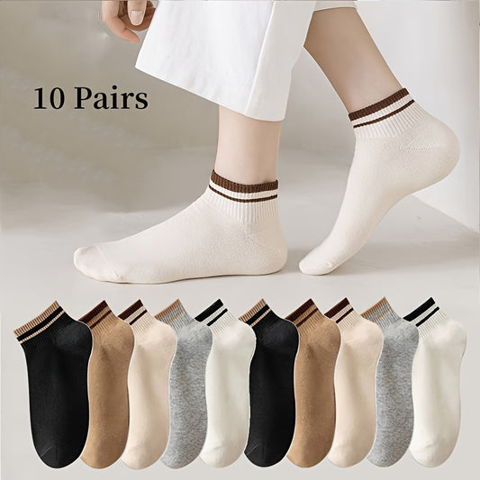 10 Pairs Striped Ankle Socks, Casual & Simple Breathable No Show Socks, Women's Stockings & Hosiery