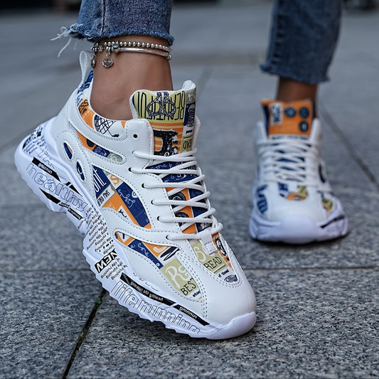 Men'S  Women'S Graffiti Couple Sneakers, All-Season Lightweight Cushioned Running Shoes, Stability Pronation, Cartoon Pattern, MD Sole, EVA Insole, Polyurethane Upper, Fabric Lining