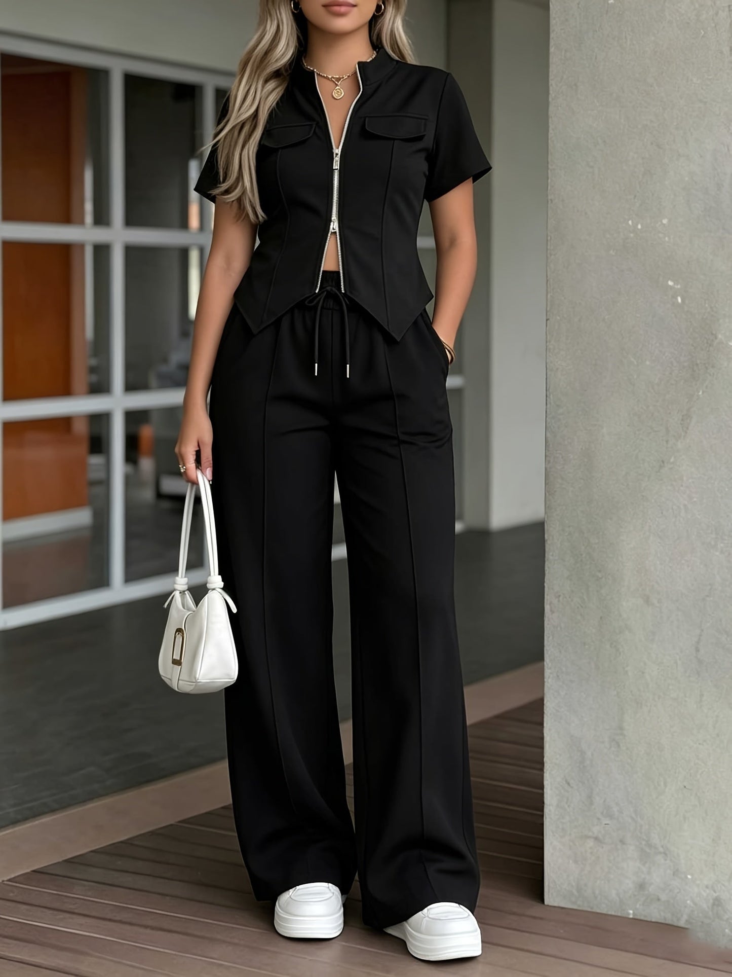Women’s Casual Zipper Two-Piece Set for Spring Summer - ayq