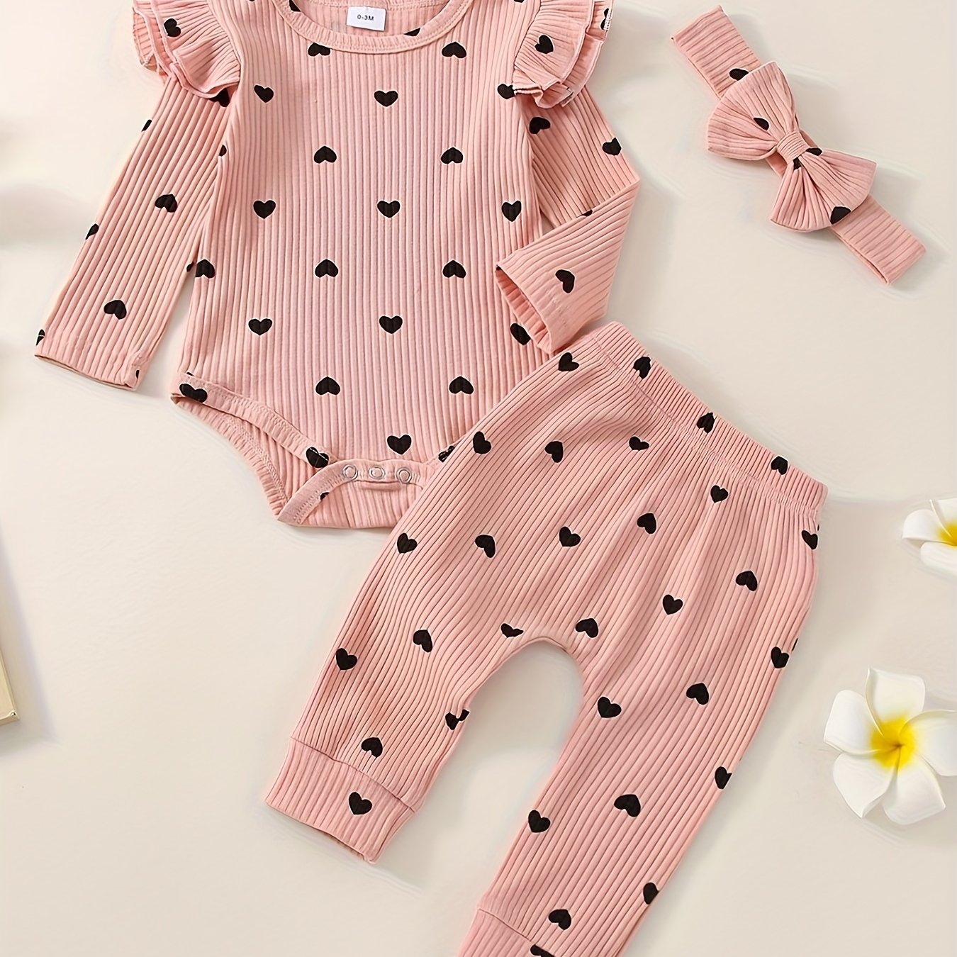 3pcs Baby Girl Outfit Set, Cute Ribbed Ruffle Long Sleeve Romper & Pants, 95% Cotton 5% Spandex, Crew Neck Pullovers, Solid Color, Regular Fit, No Belt, Fall/Winter Knit Fabric, 0-18 Months, for Outdoor