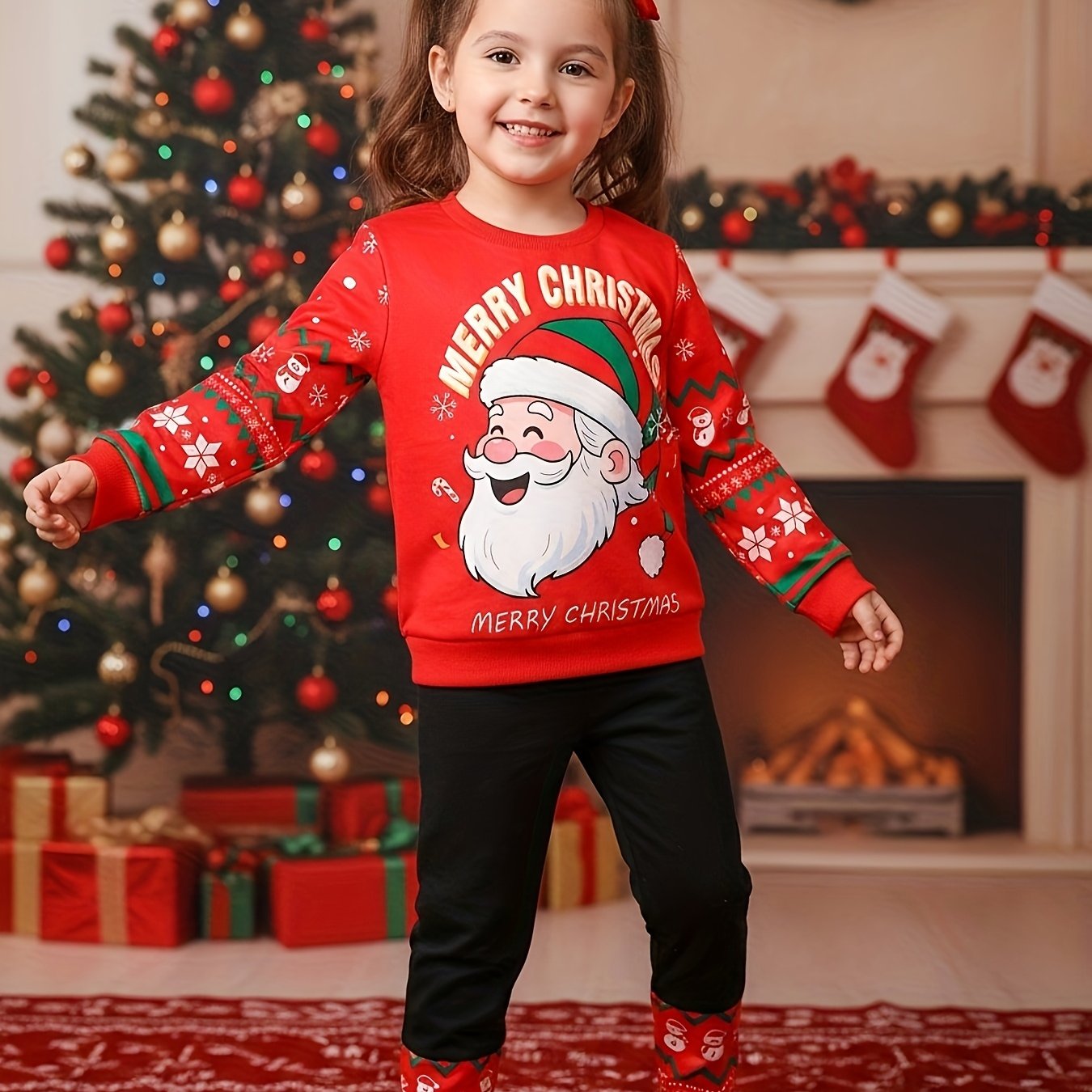 2pcs Girls' Christmas Outfit Set - Red Long Sleeve Top & Black Pants with Santa Claus, Snowflakes & SnowChildren - Cozy Winter Party Outfit for Christmas Day, for Outdoor, Christmas Clothes, Festive Clothing, Holiday Clothing