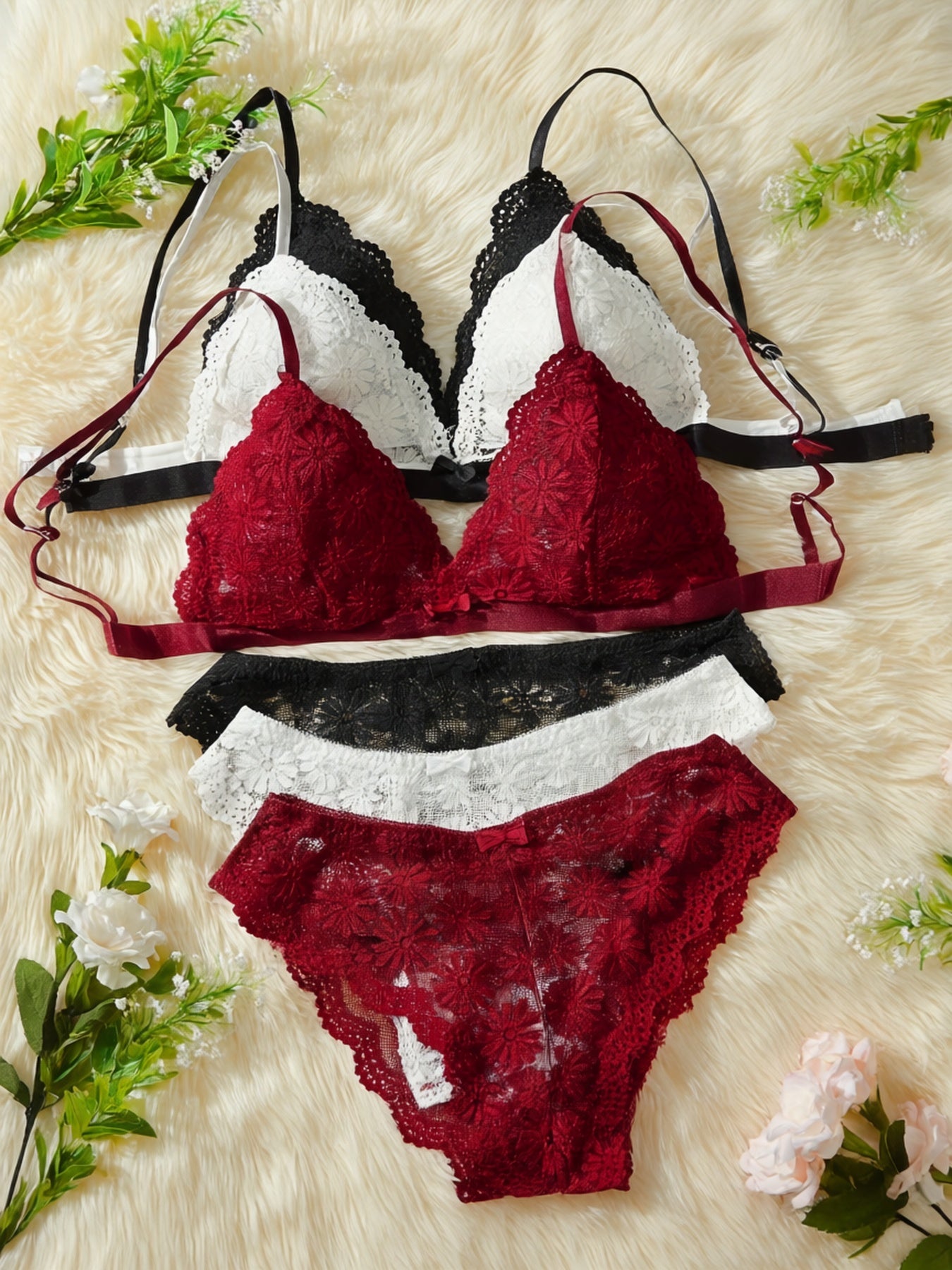 Women's Breathable Lace Bra Set with Scallop Trim - 3 Pack