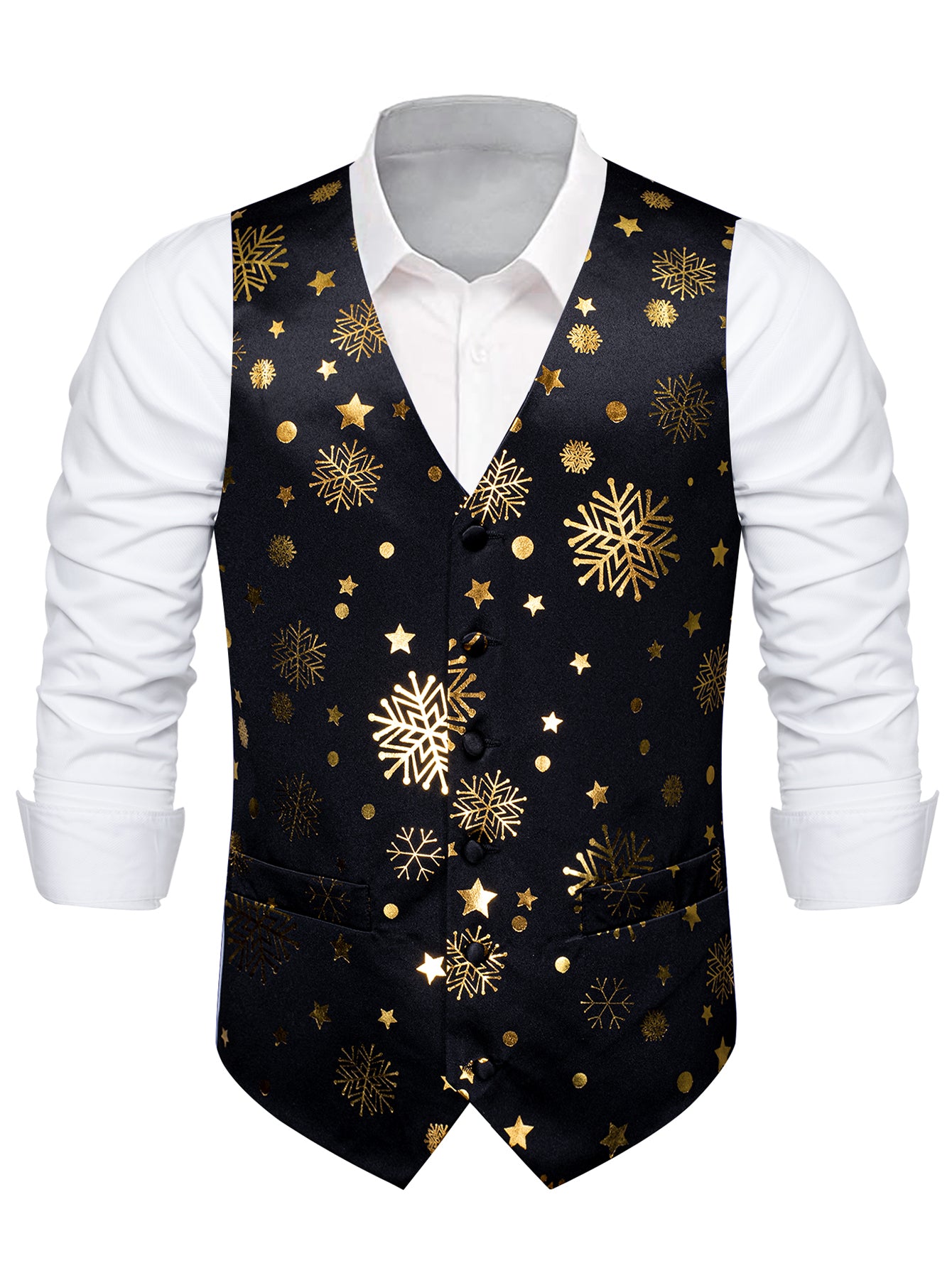 DOCAPEITON Men'S Christmas Vest - Formal & Casual Holiday Party Outfit with Button Front Closure, Non-Stretch Fabric - Green & Golden Snowflake, Tree, Firework Designs - Perfect for Xmas, New Year's, Weddings - Adult Men'S Fe