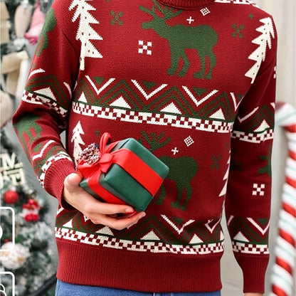 Men'S Winter Sweater - Christmas Deer & Snowflake Sweater with Red & Green Holiday Colors, Loose Fit Casual Knitwear, Drop Shoulder Long Sleeve Pullover, Soft Warm Winter Sweater for Christmas, Knit, Sweater For Men, Men Clot