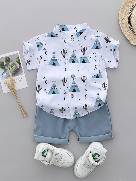 Boys' Casual Summer T-Shirt and Shorts Set with Pyramid Print - ayq