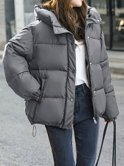 Կանացի նորաձև ձմեռային կայծակաճարմանդով և գլխարկով բաճկոն - ամենօրյա, հաստ վերնազգեստ գրպաններով, երկար թևքերով, չձգվող գործվածք, միագույն, 100գ/մ², իդեալական է ցուրտ եղանակի համար, ձմեռային հագուստ