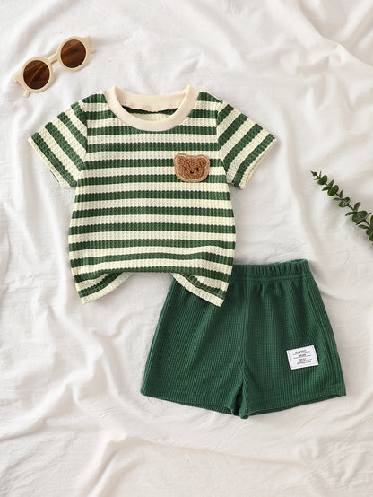 Baby Summer Striped Red White Set with Bear Plush Shorts