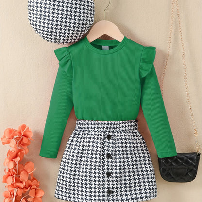 Youngsters Girls Ruffle Tee &amp; Houndstooth պրինտ կիսաշրջազգեստ և գլխարկ